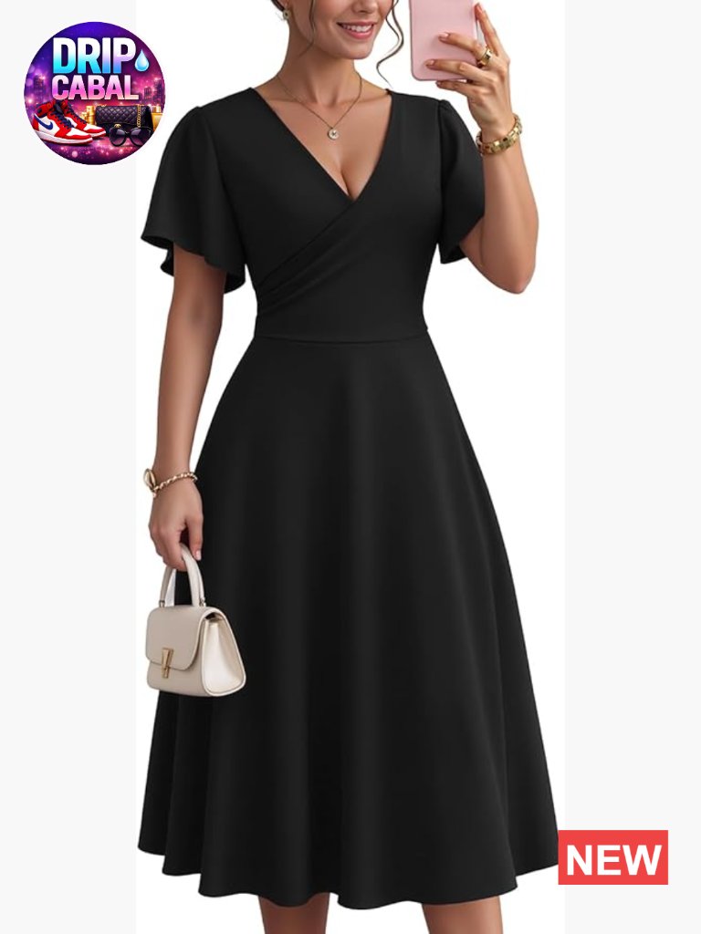 Wrap Front V-Neck Ruffle Sleeve A-Line Fit Flare Dress